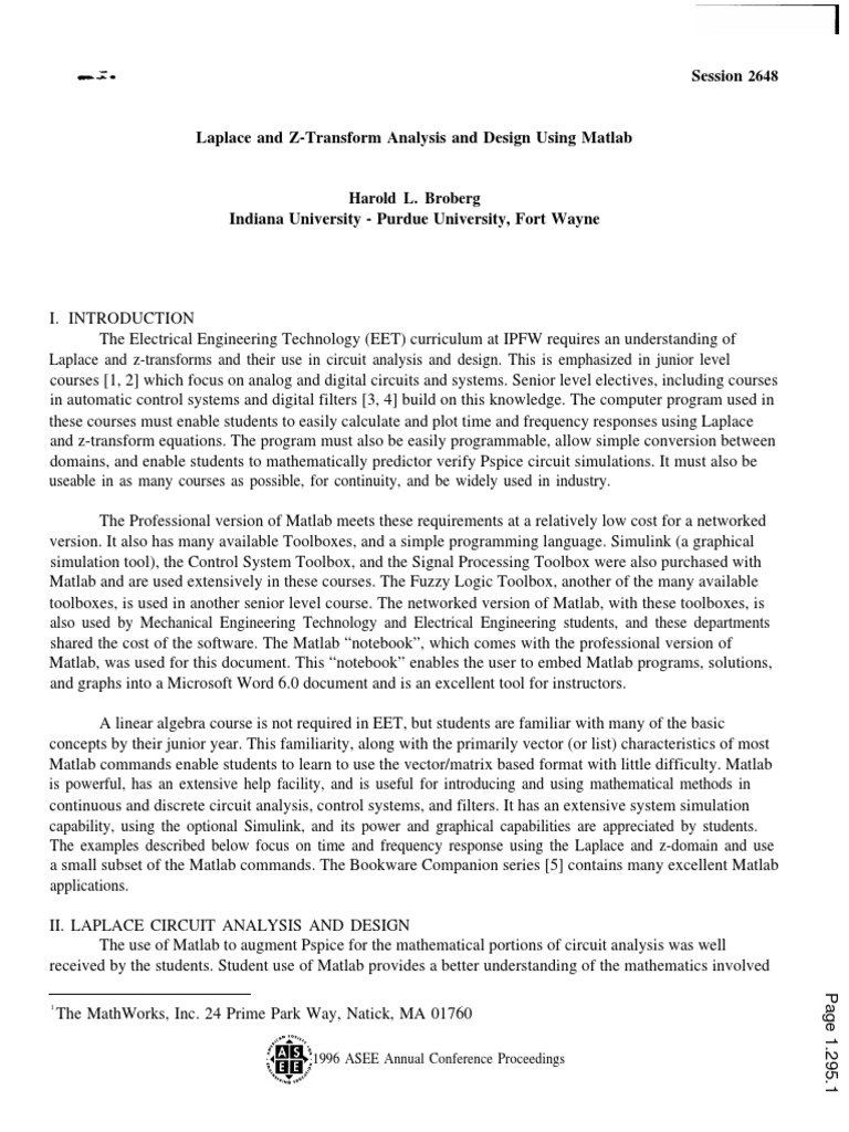 Laplace And Z Transform Analysis And Design Using Matlab