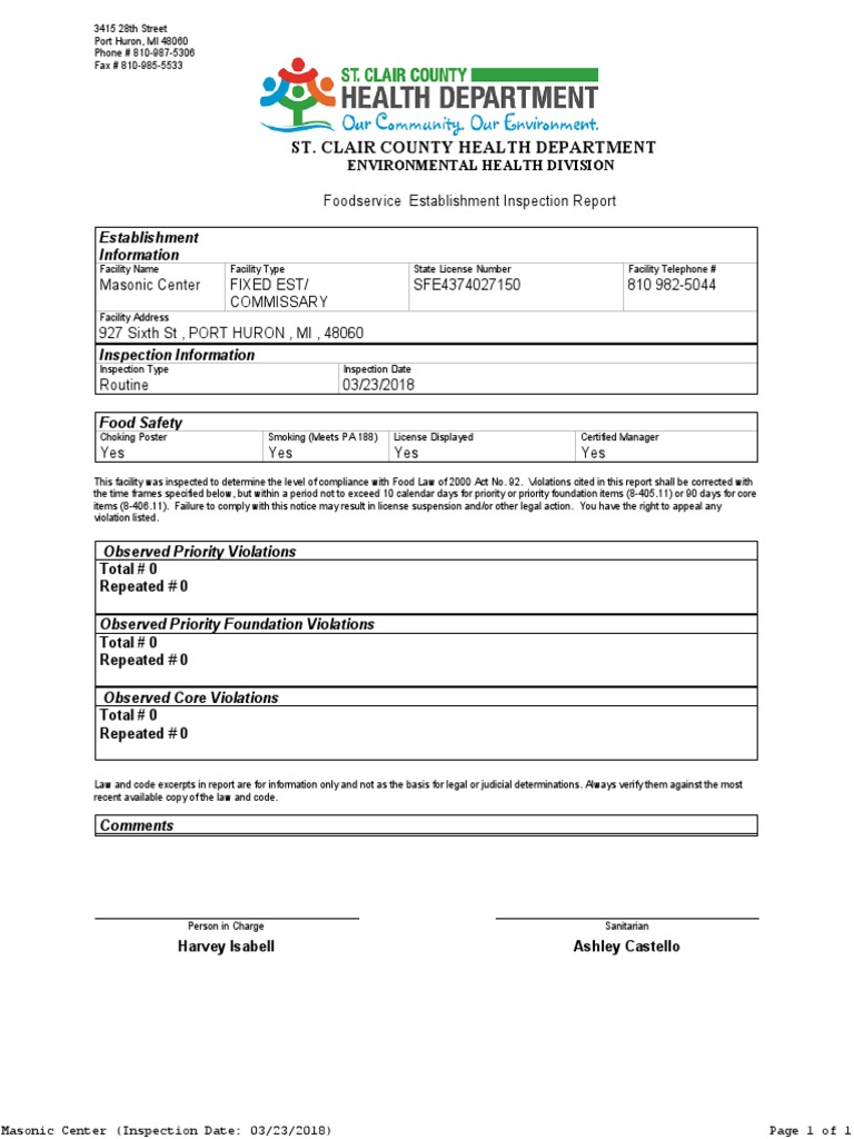 Masonic Center Food Inspection Report | PDF | Government Information ...