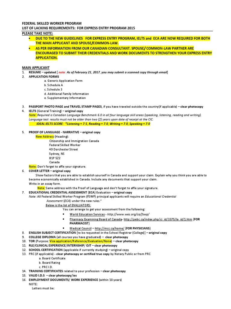 FSW List of Requirements for EXPRESS ENTRY PROGRAM.docx International English Language Testing