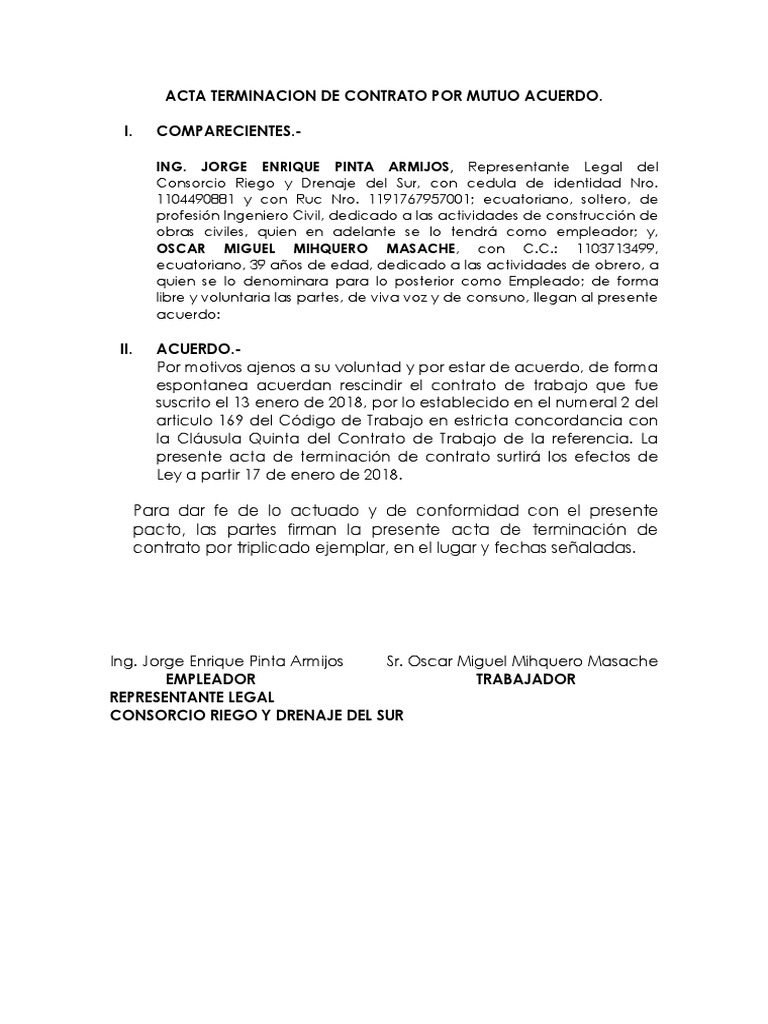 Acta Terminacion de Contrato Por Mutuo Acuerdo | PDF