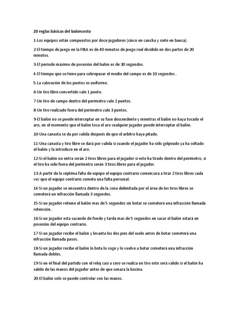 20 Reglas Básicas Del Baloncesto