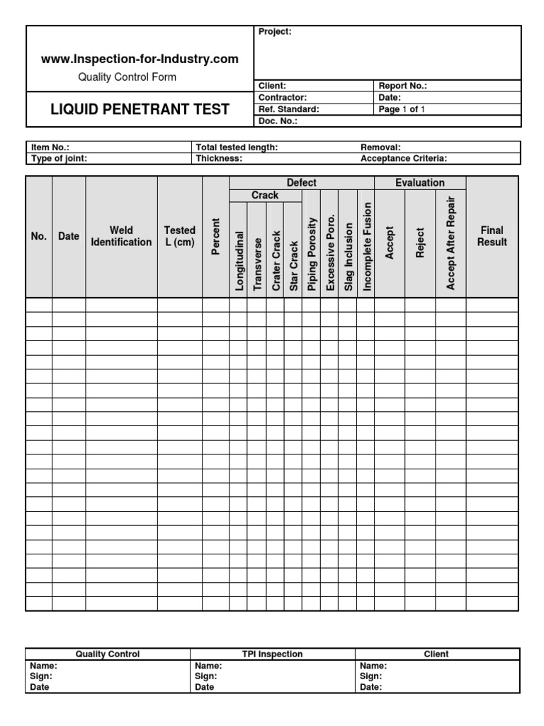 Liquid Penetrant Quality Control and Inspection Report Form 1 | PDF ...