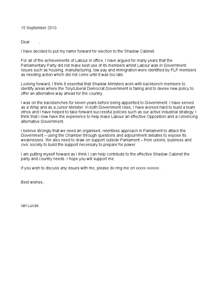 Ian Lucas Shadow Cabinet Letter | PDF | Business