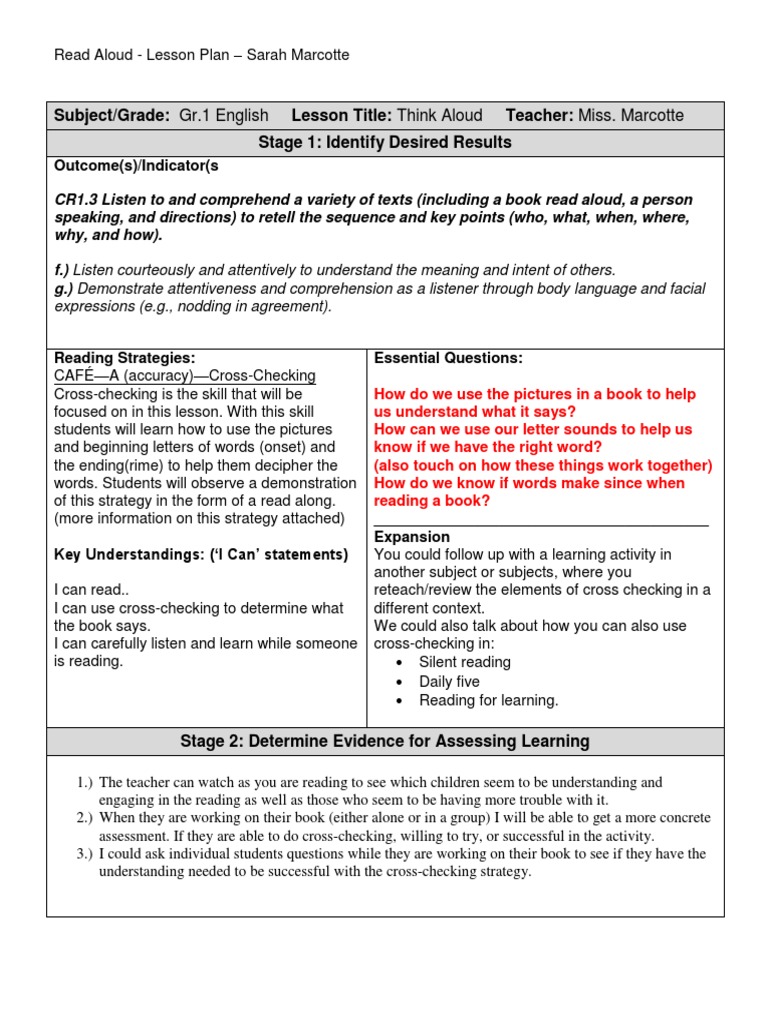 Subject Grade Gr 1 English Lesson Title Think Aloud Teacher Miss Marcotte Stage 1 Identify Desired Results Reading Comprehension Reading Process