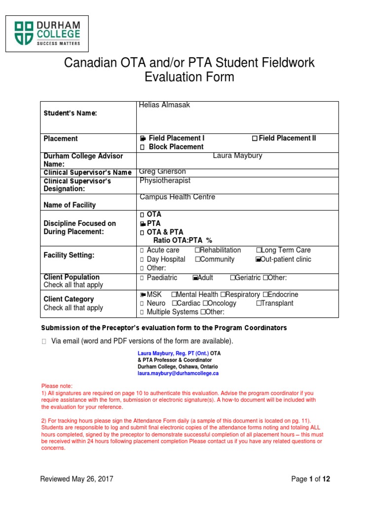 OTA/PTA Student Fieldwork Evaluation | PDF | Competence (Human ...