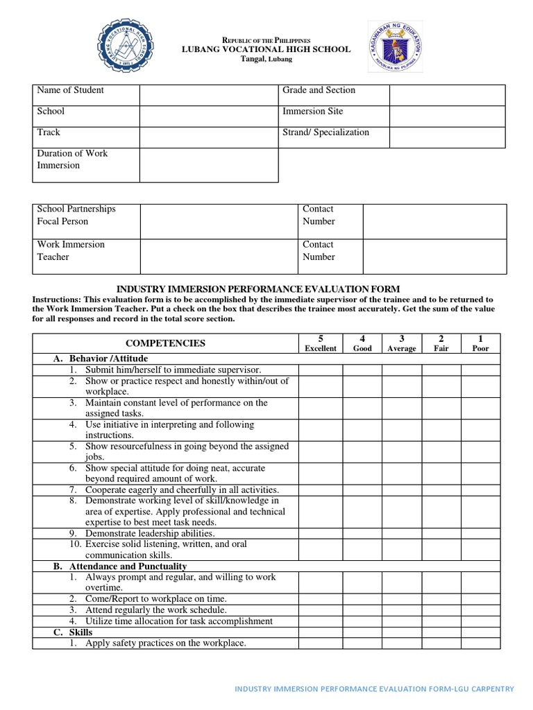 Industry Immersion Evaluation Form | PDF | Performance Appraisal ...
