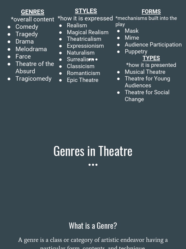 Overview of Theatre Genres and Styles | PDF | Play (Theatre) | Theatre