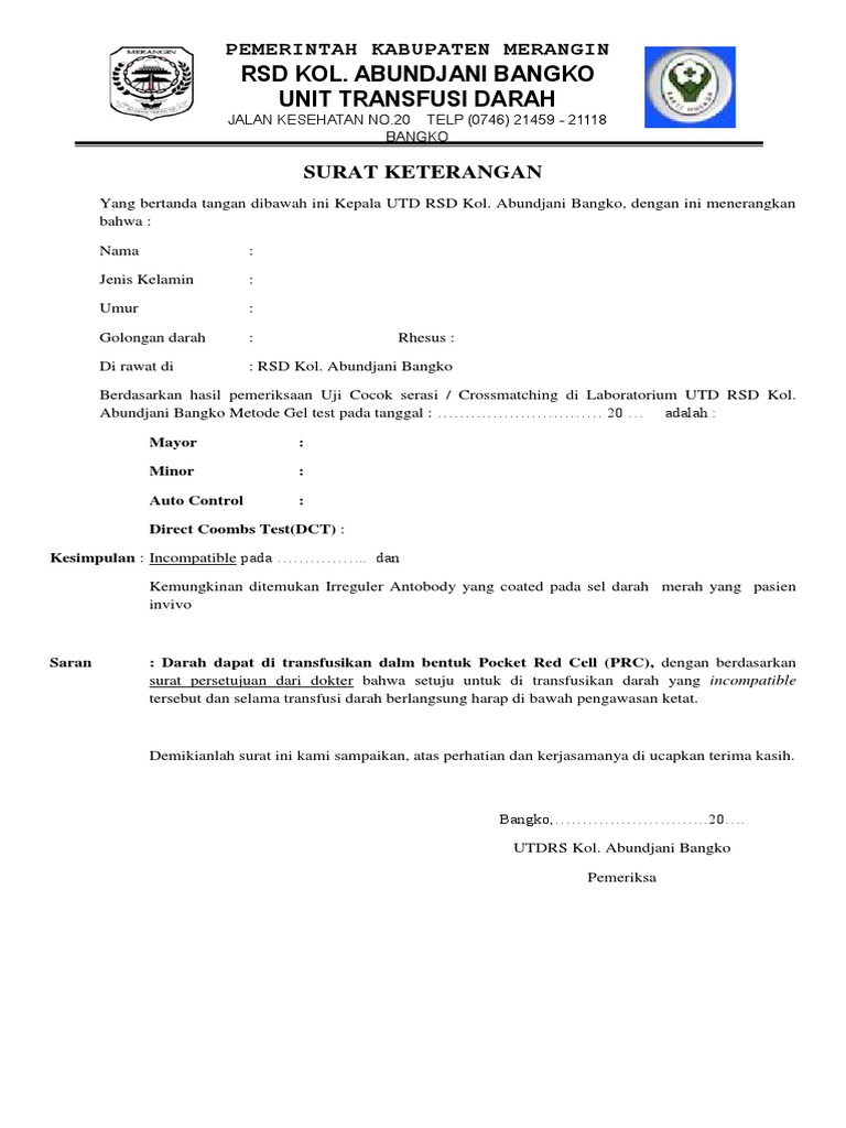 Surat Keterangan Darah Incompatible | PDF