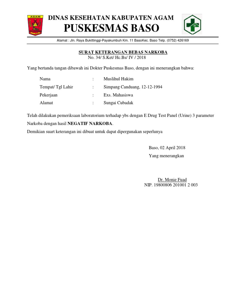 Surat Bebas Narkoba Dari Puskesmas