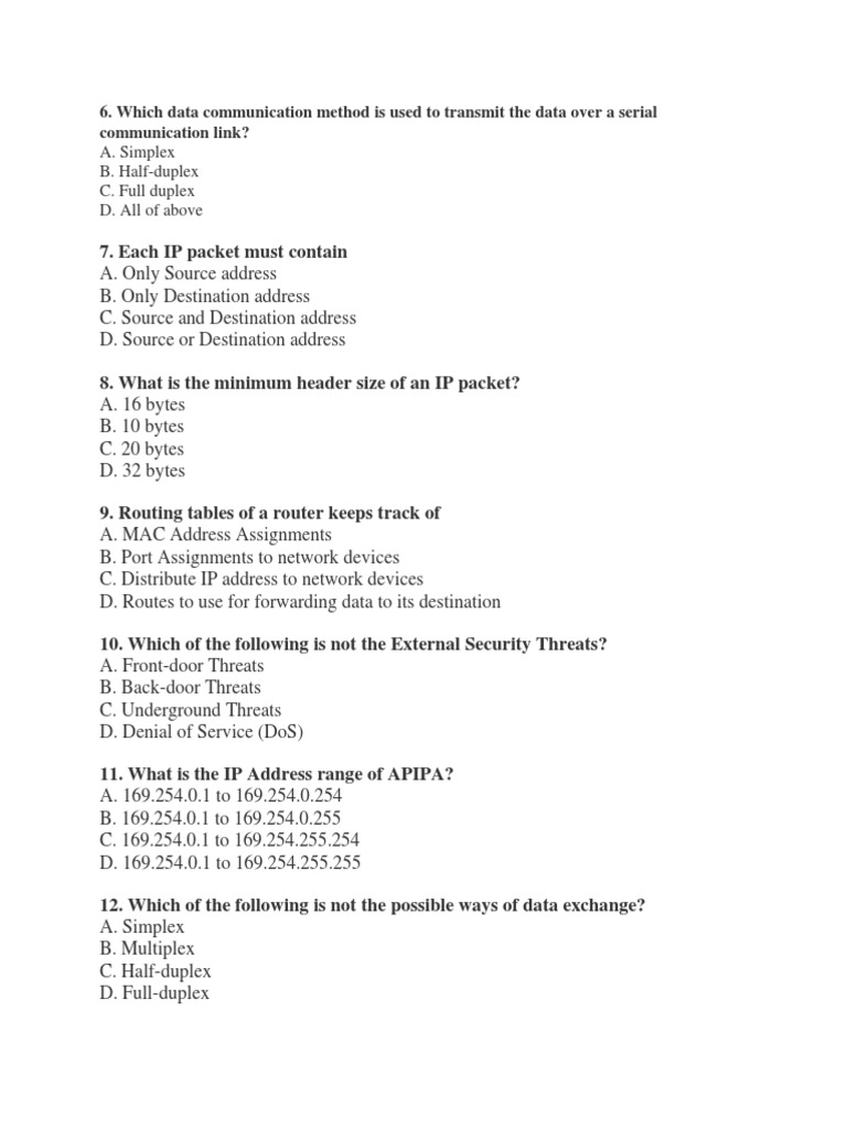Networking Fundamentals Assessment Multiple Choice Questions Covering