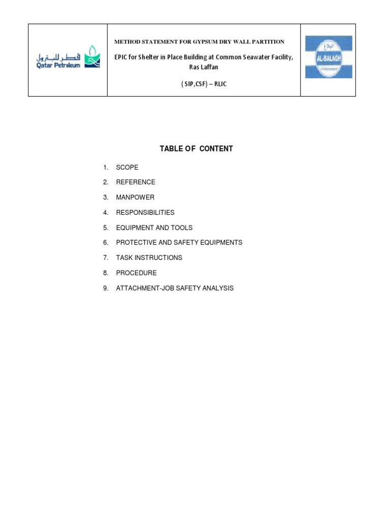 Gypsum Dry Wall Partition Method Statement | PDF | Drywall | Wall