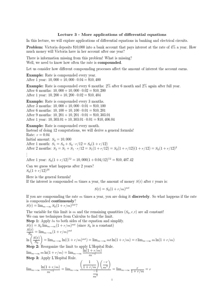 Lecture 3 More Applications of Differential Equations PDF