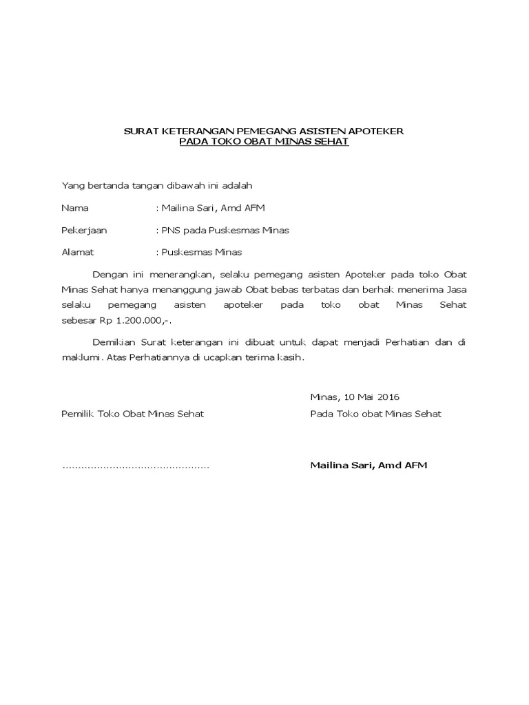 Surat Rekomendasi Apoteker Untuk Asisten Apoteker