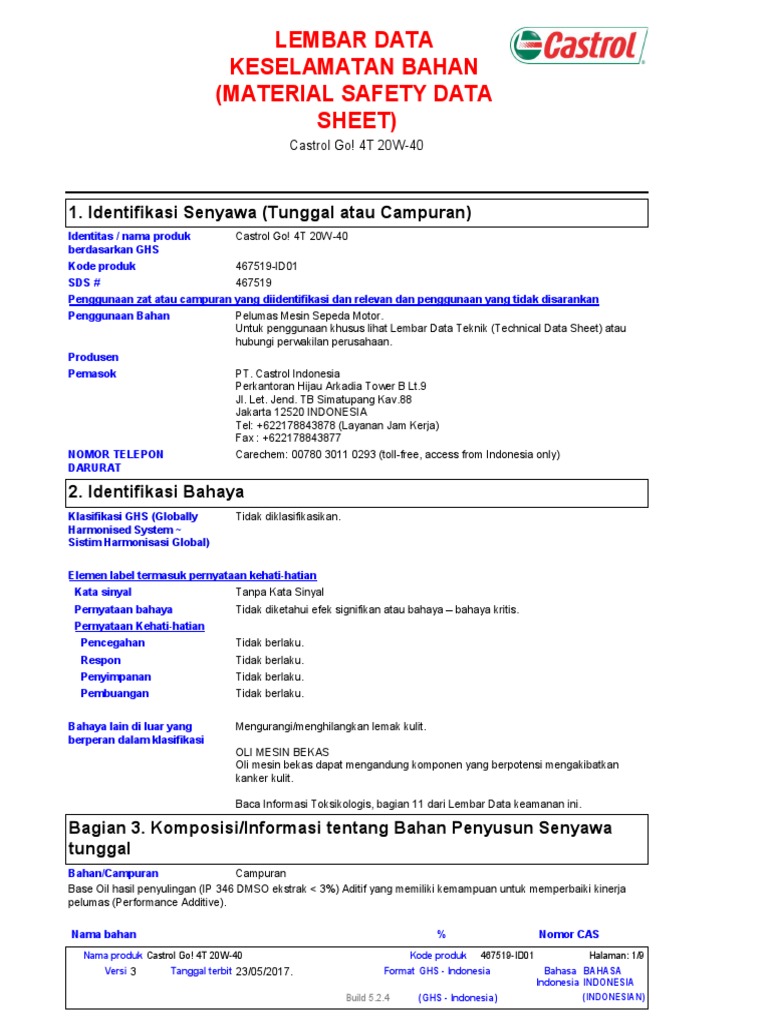 Msds Castrol Go 20w40 4t