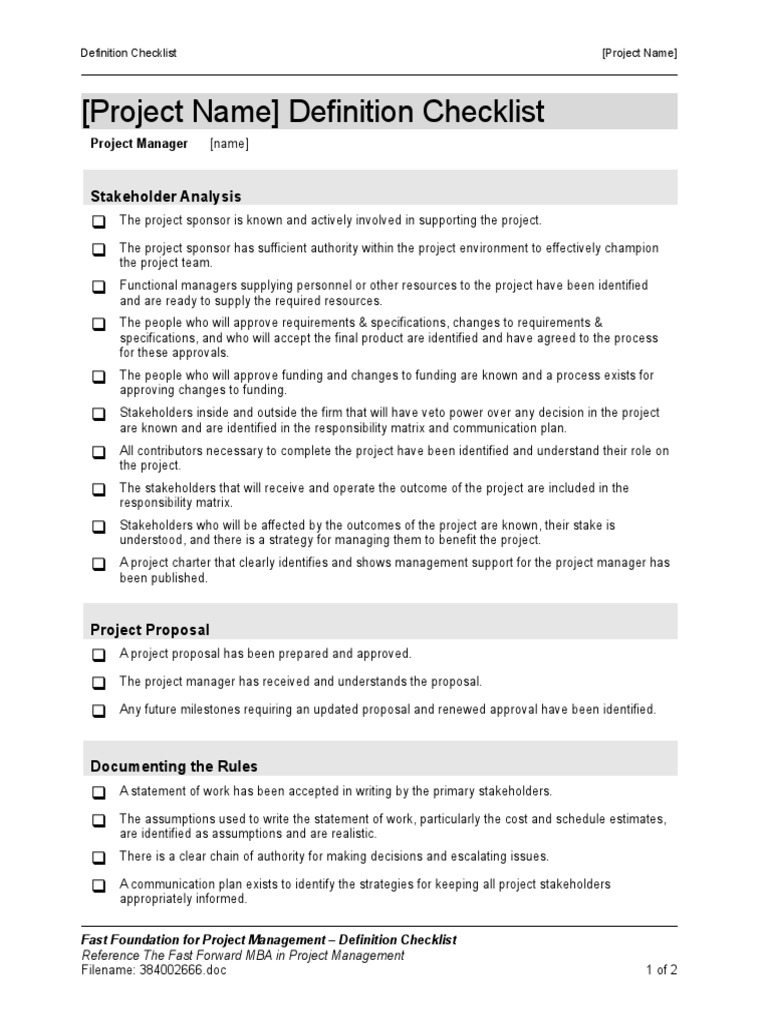 Project Definition Checklist Ensuring Stakeholder Engagement and Clear