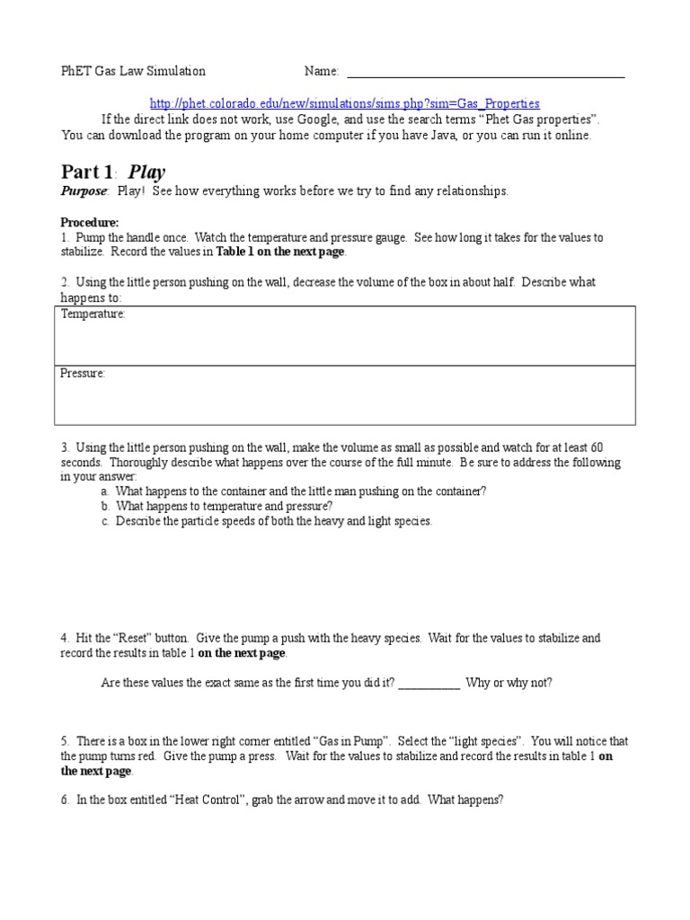 Phet Gas Law Simulation Activity18 PDF Gases Temperature