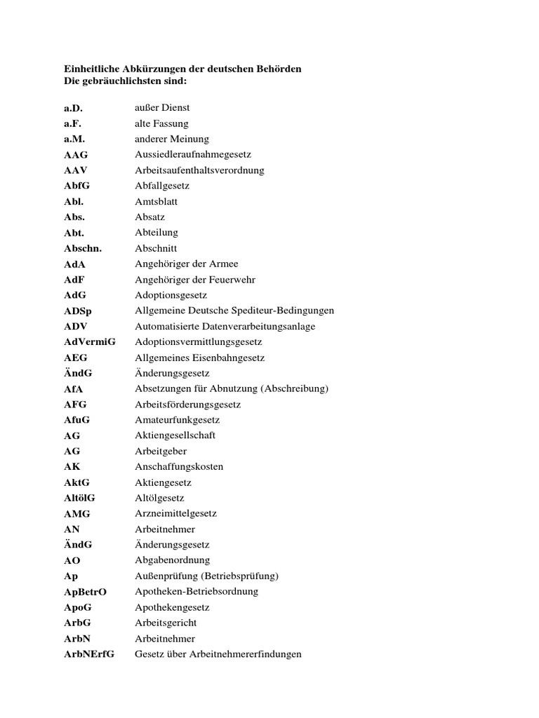 De Liste - Abkürzungen Der Deutschen Behörden