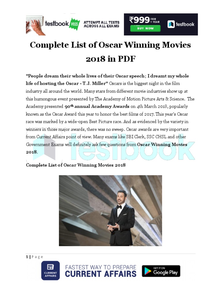 Complete List of Oscar Winning Movies 2018 in PDF | PDF | Academy ...