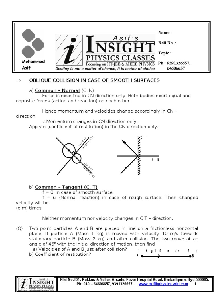 Oblique Collision PDF Collision Motion (Physics)