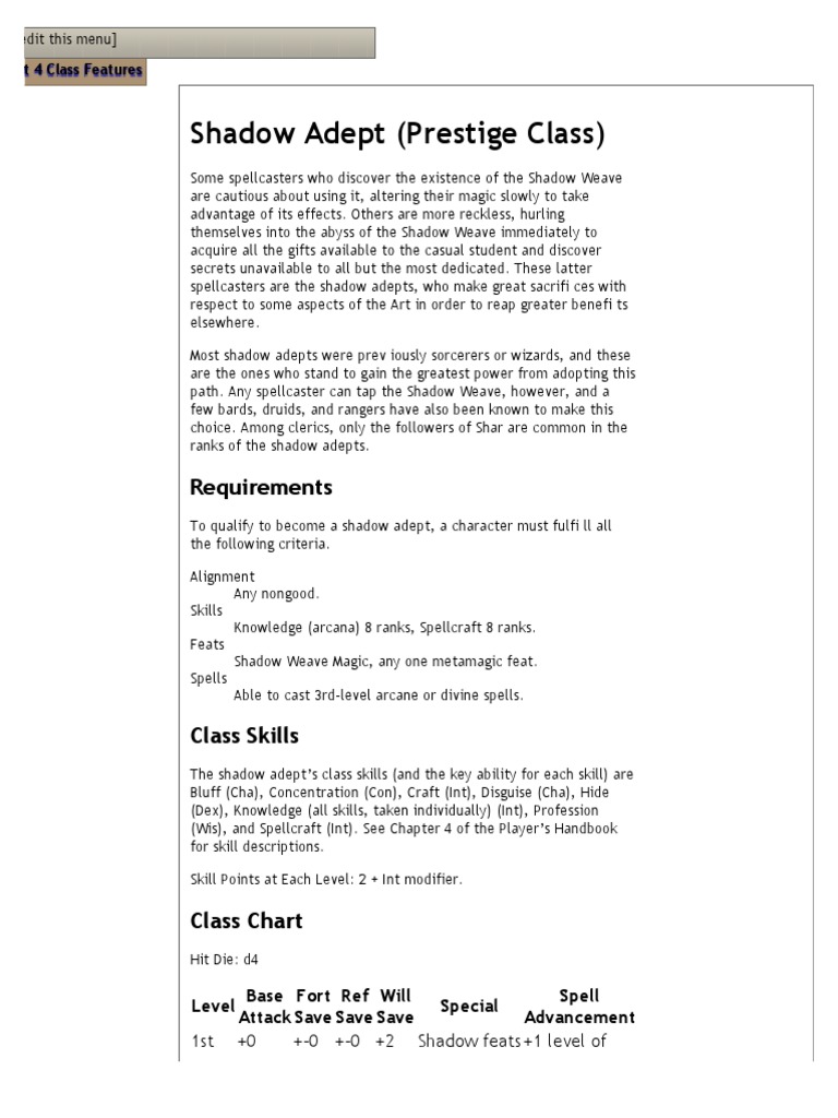 Shadow Adept Prestige Class Requirements Pdf Fantasy Games