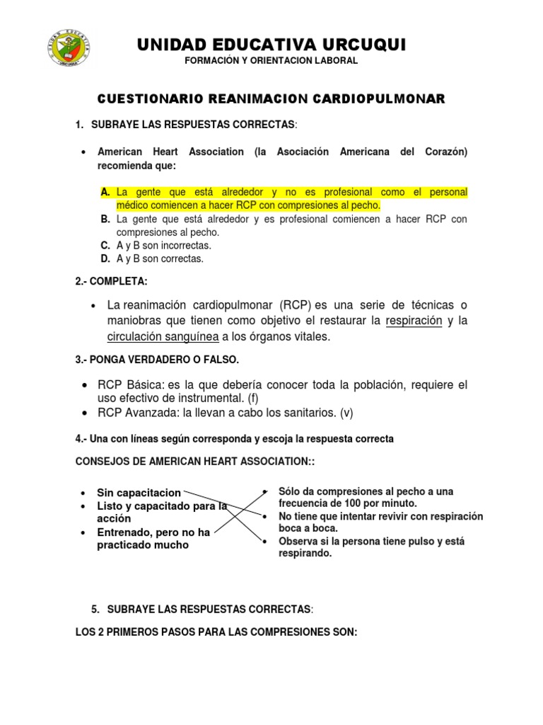 Cuestionario de RCP y Respuestas | PDF