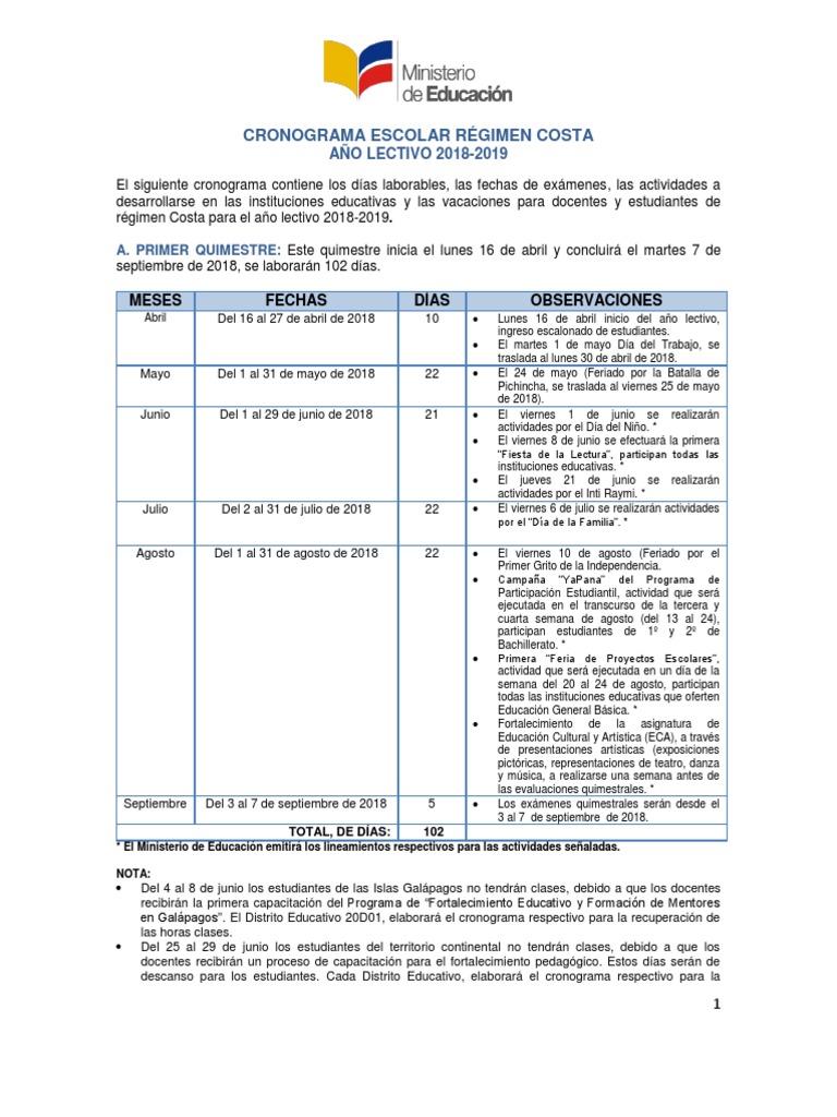 Cronograma Escolar Costa 2018 2019 Final Educacion Avanzada