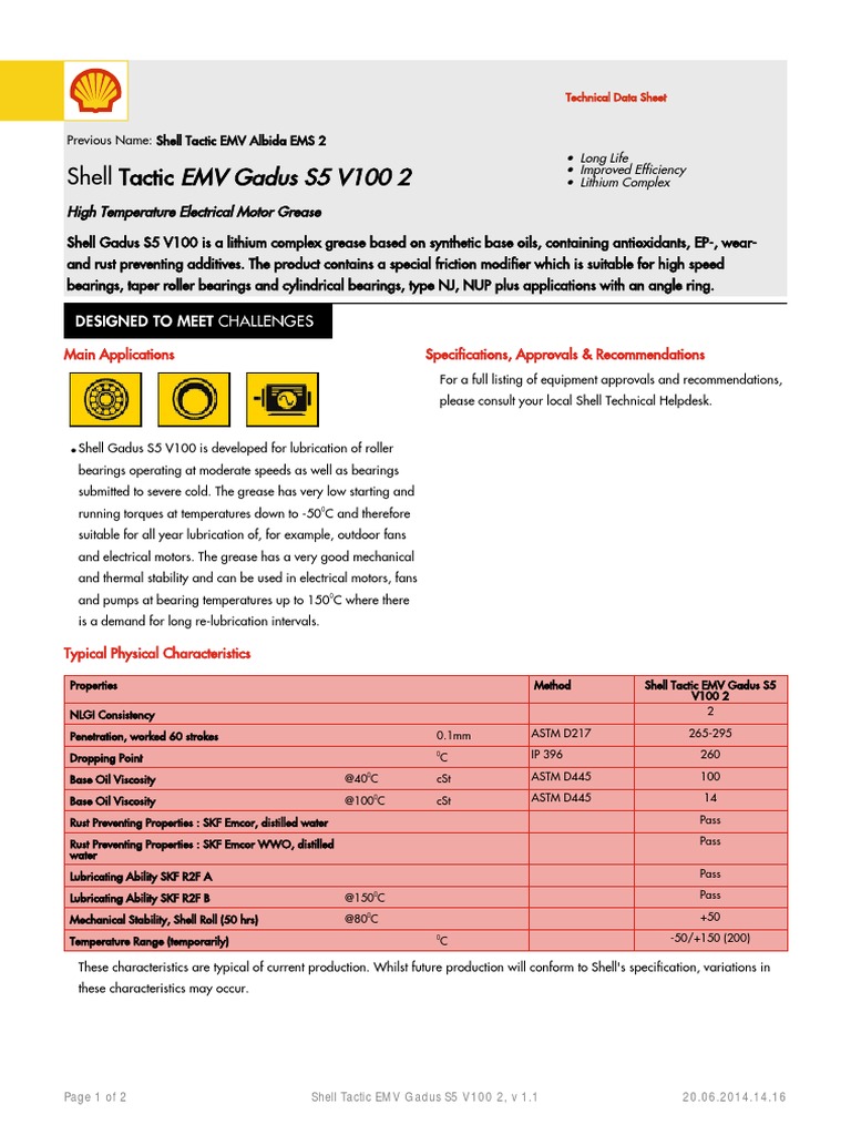 Shell Gadus S5 V100 2 Technical Data Sheet | PDF | Bearing (Mechanical ...