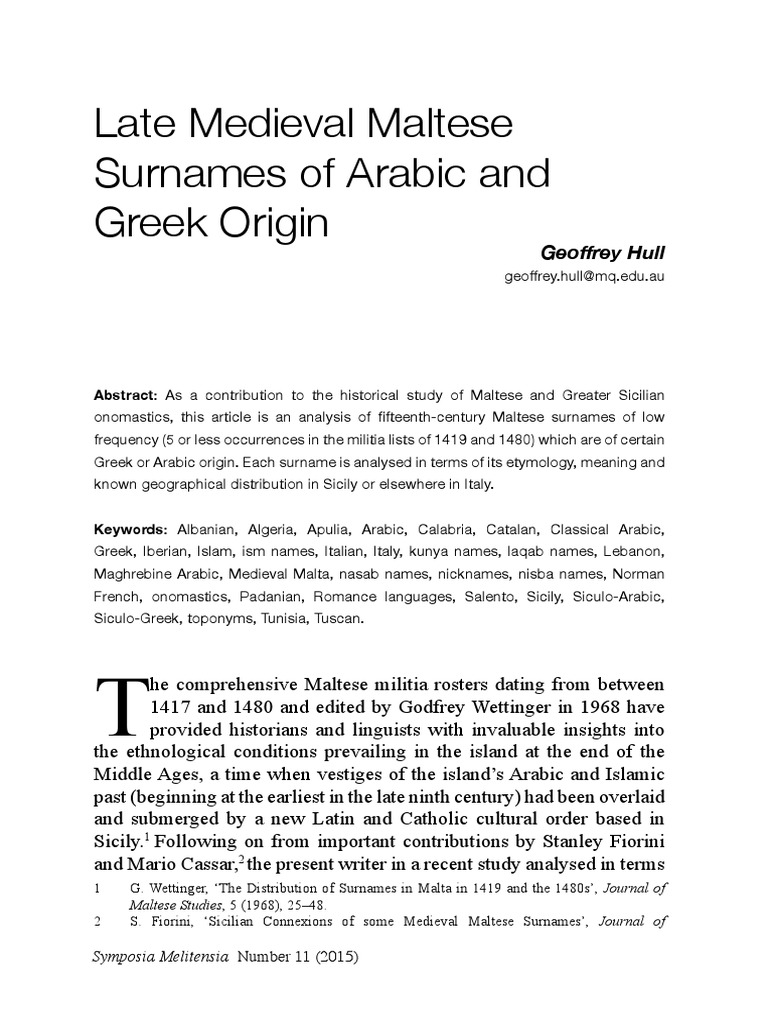Late Medieval Maltese Surnames of Arabic and Greek Origin PDF