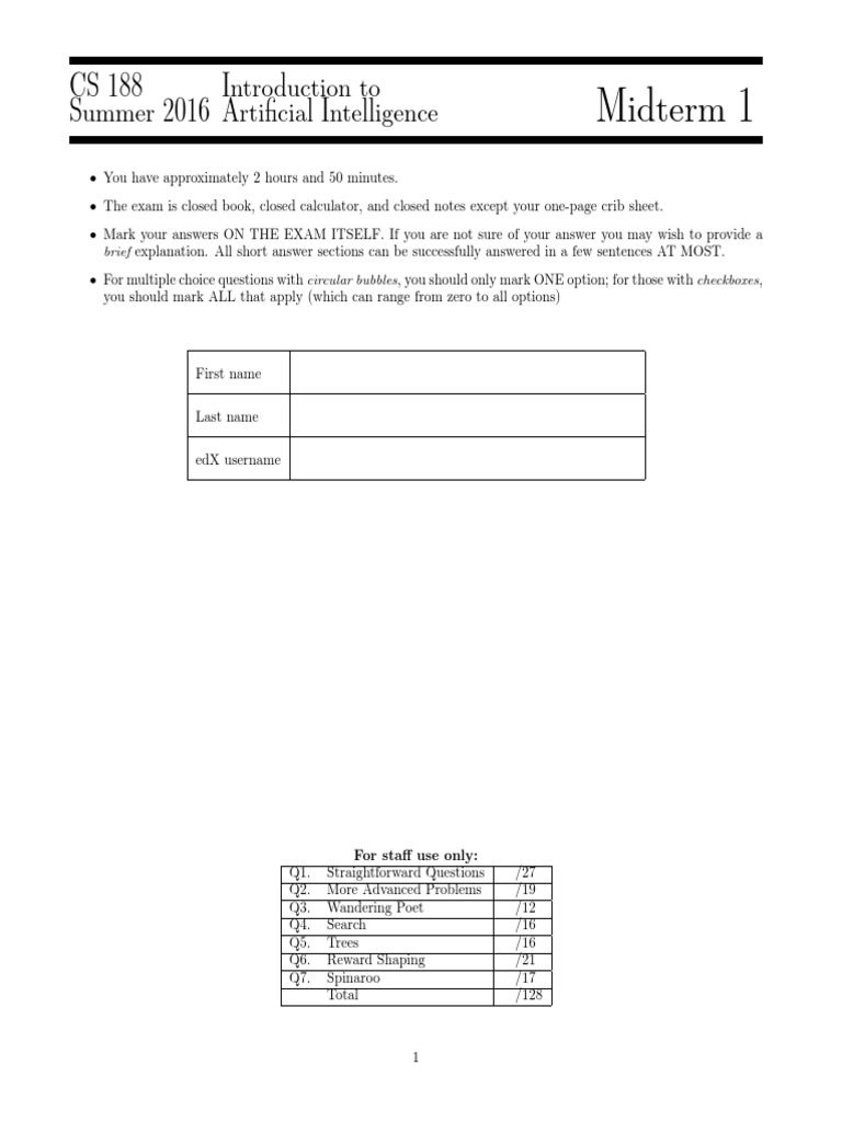 Artificial Intelligence CS188 Midterm1 Solutions PDF Discrete Mathematics Algorithms