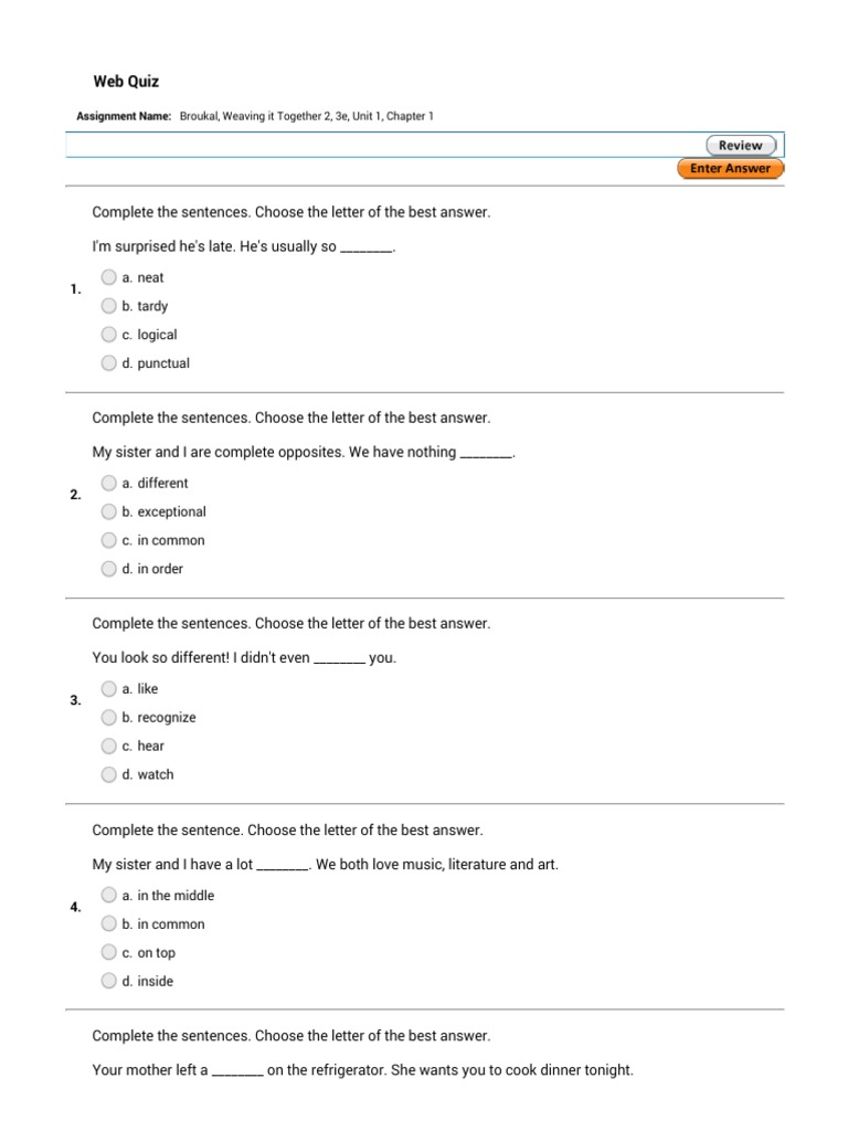 Quiz Broukal, Weaving It Together 2, 3e, Unit 1, Chapter 1 PDF