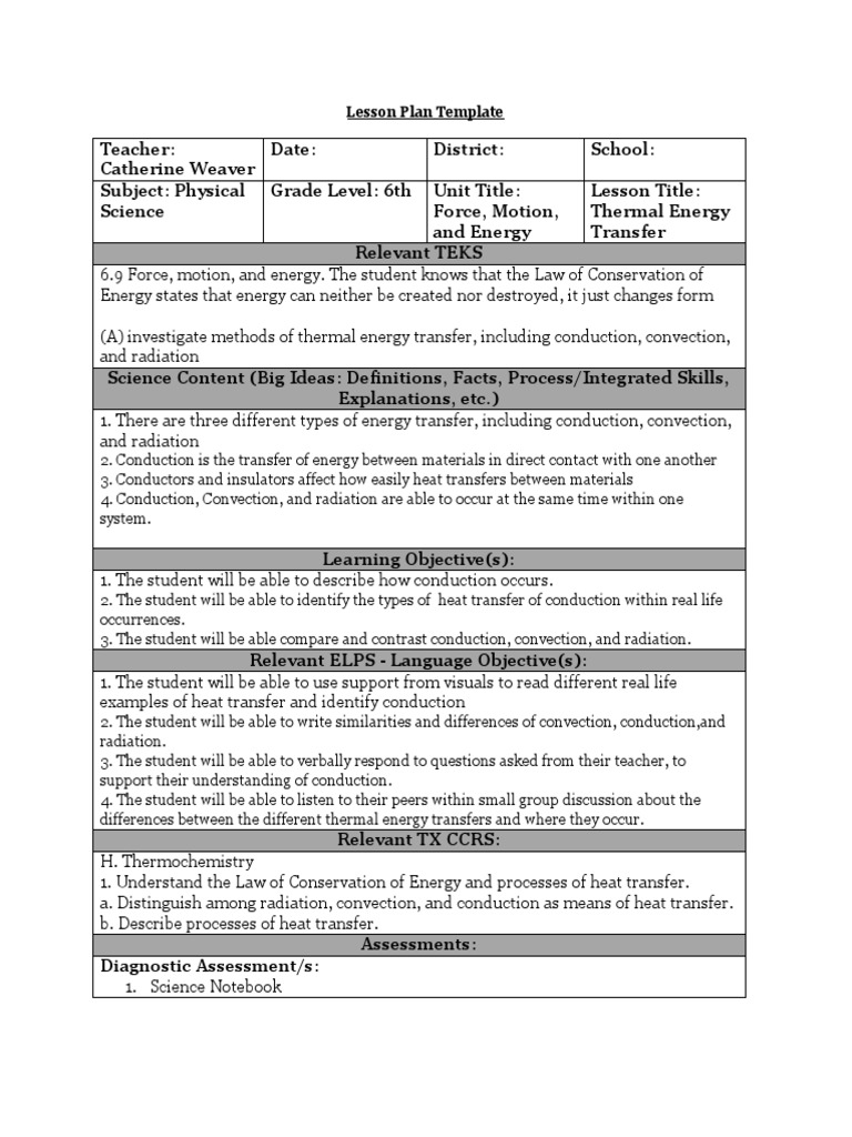 Thermal Energy Transfer Lesson Plan | PDF | Thermal Conduction | Heat ...