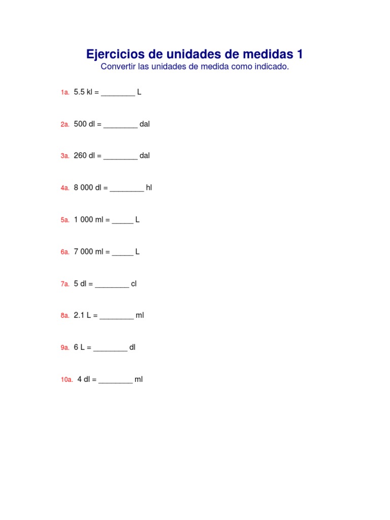 Ejercicios De Conversion De Unidades Litro I Pdf Unidades De Medida Science