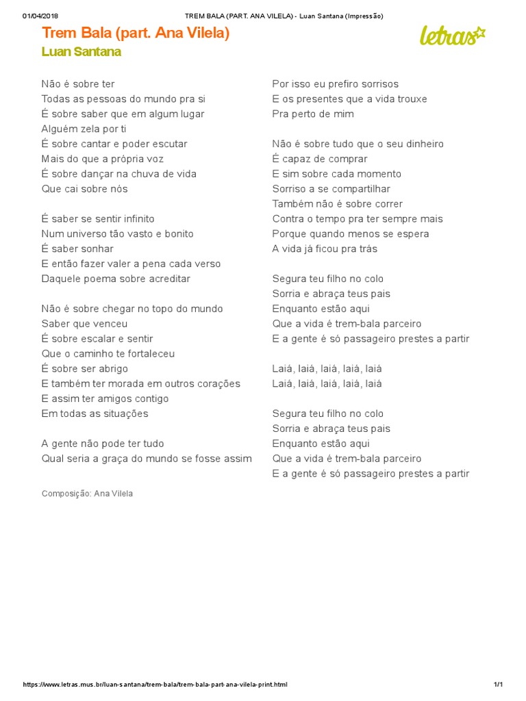 Análise da letra da música "Trem Bala | PDF | Lazer | Entretenimento ...