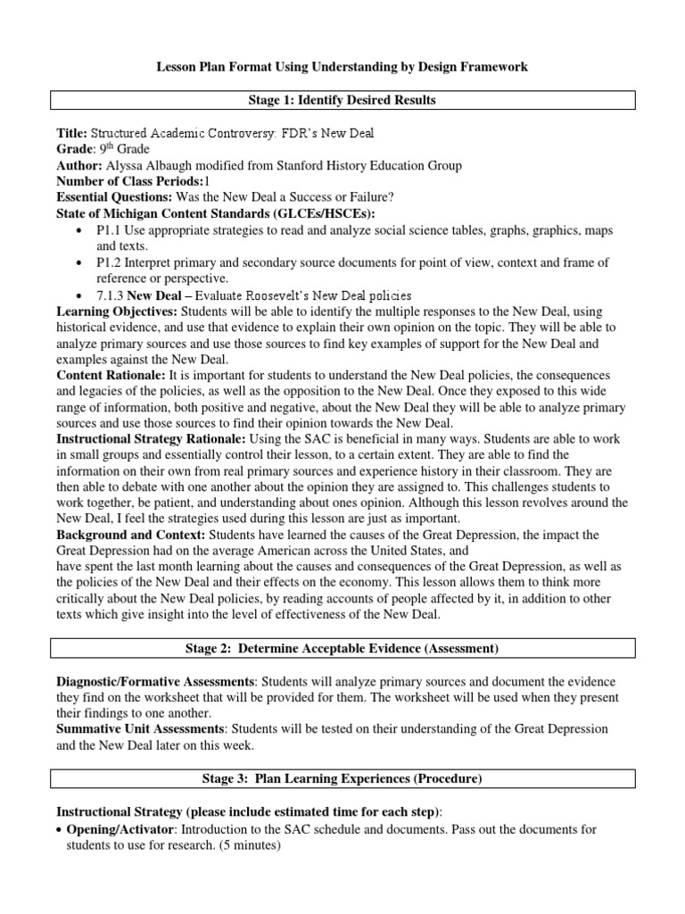 New Deal Sac Formal Lesson Plan New Deal Educational Assessment