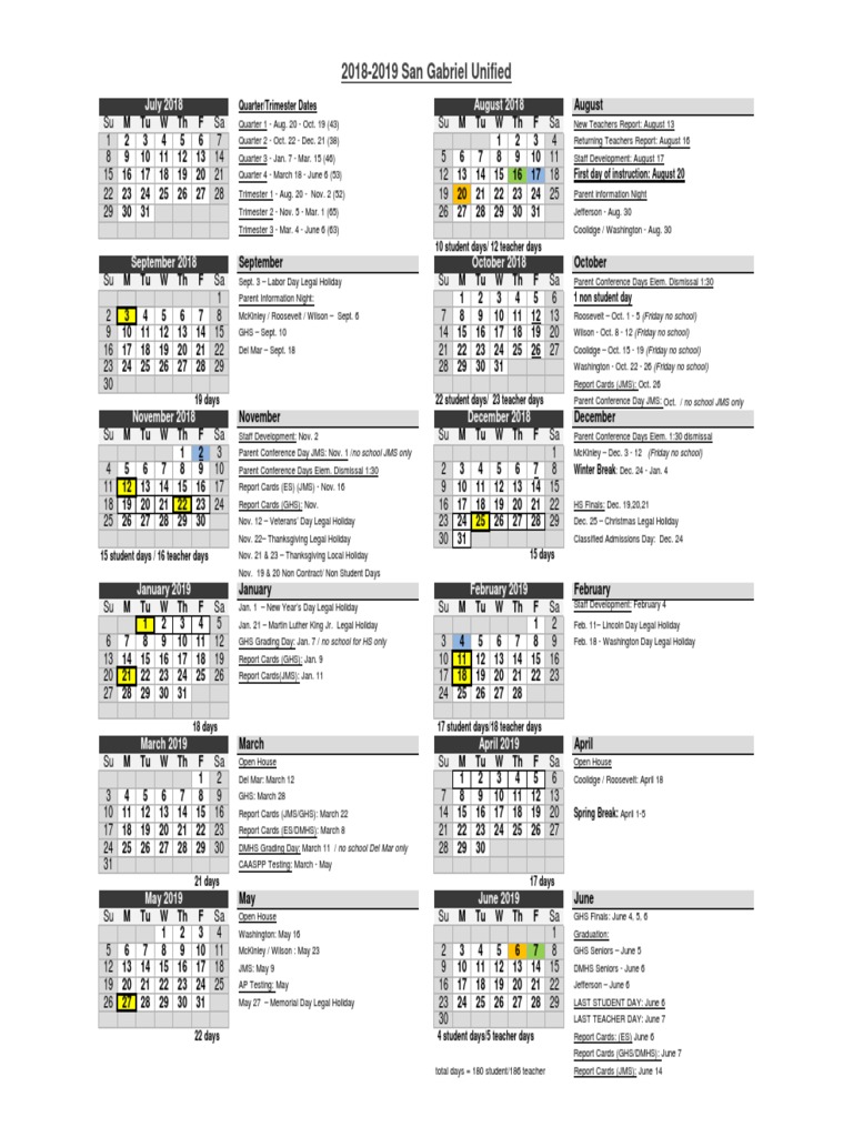 2018 2019 Calendar Pdf Holidays Observances