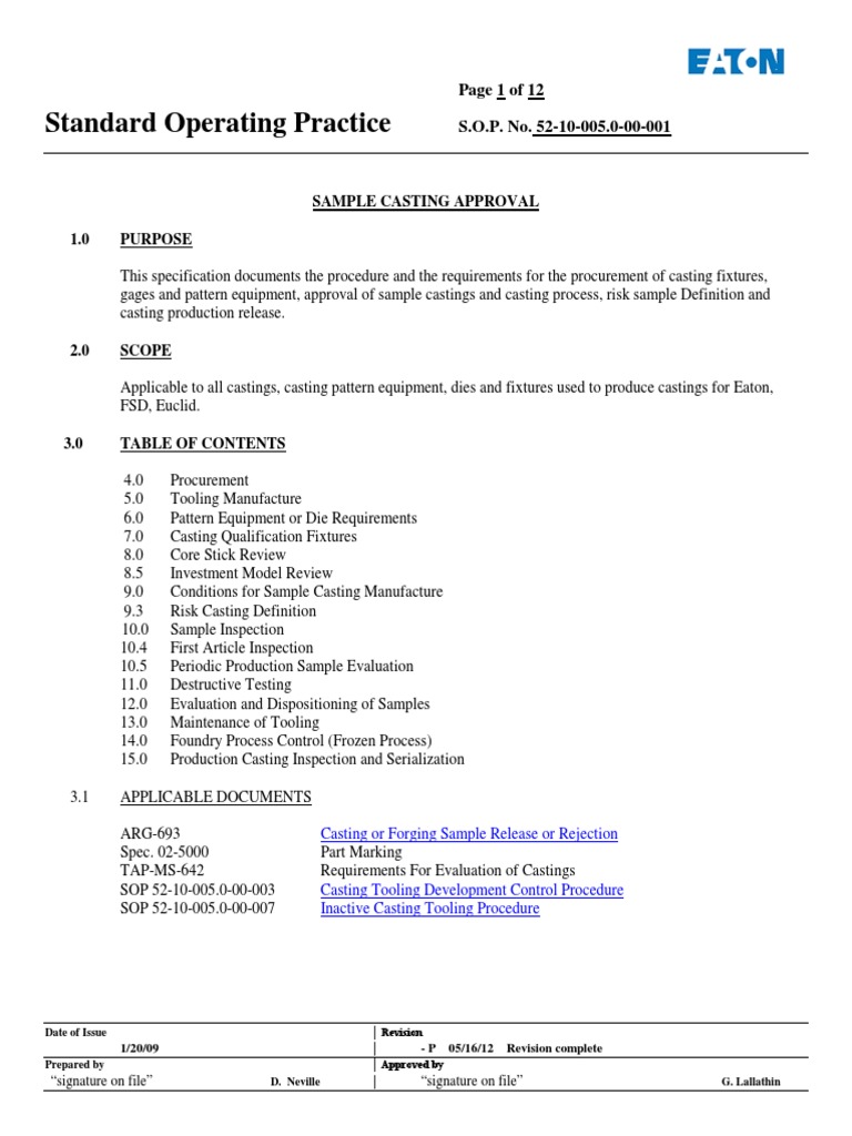 Standard Operating Practice: Sample Casting Approval 1.0 Purpose | PDF ...