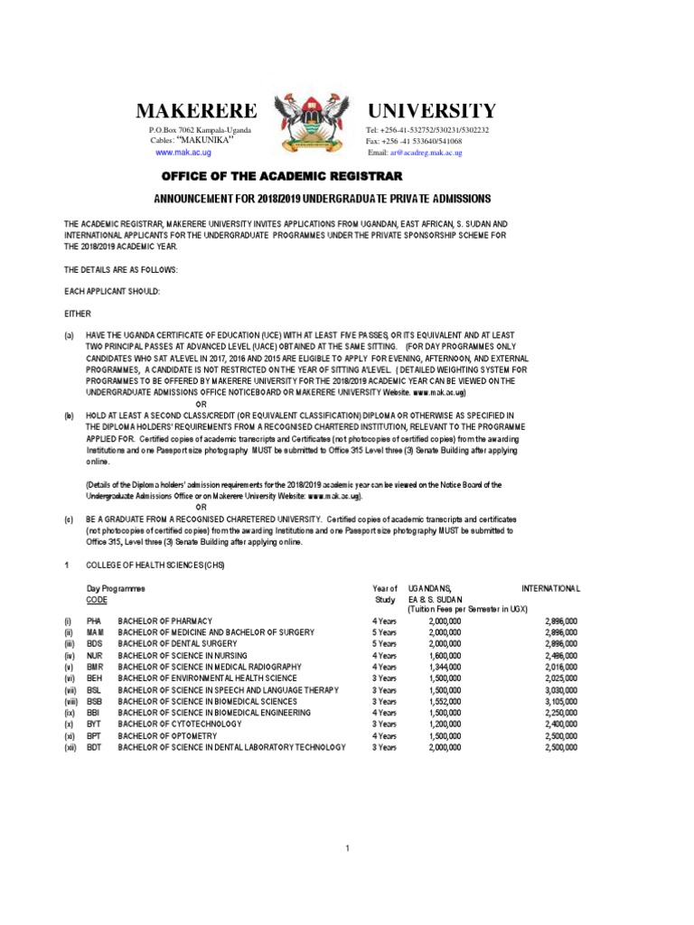 Makerere university Private Sponsorship Undergraduate Courses and fees