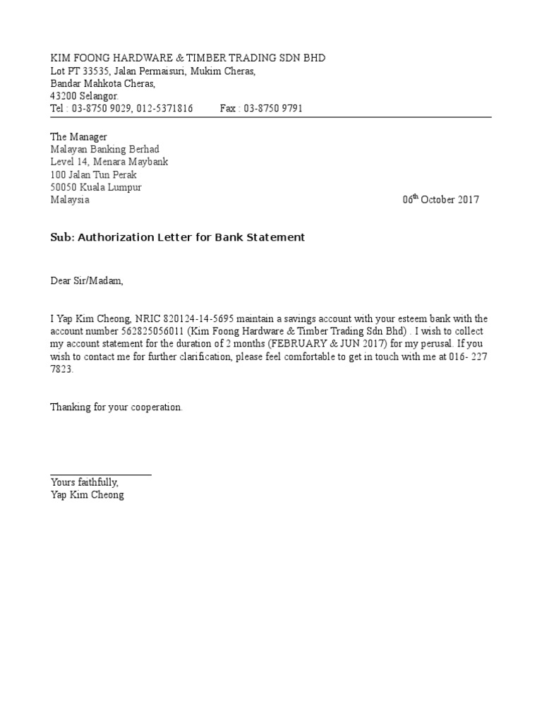 Letter Request Bank Statement
