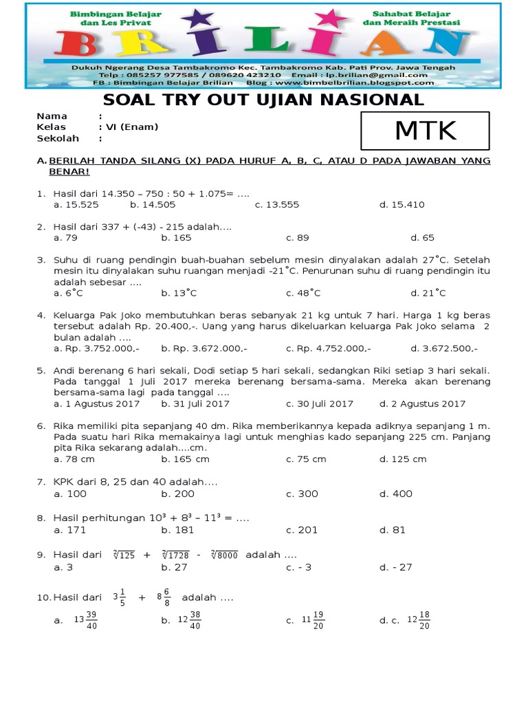 Soal Try Out Matematika Sd Kelas 6 Dan Kunci Jawaban
