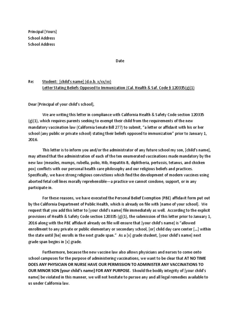 SB24 - Sample Exemption Letter To Schools-24  PDF  Vaccines