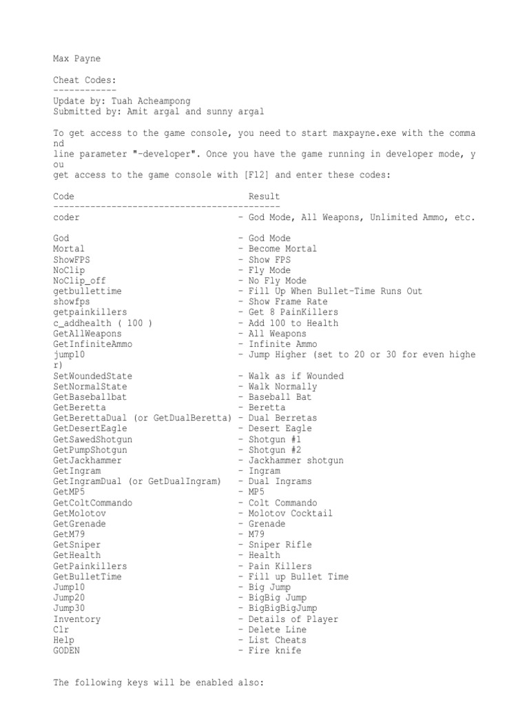 Max Payne Cheats | Screenshot | Command Line Interface