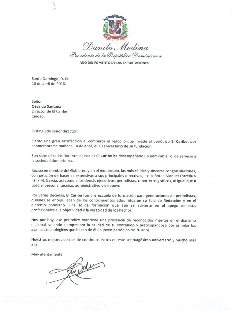 Carta de felicitación del presidente Danilo Medina por 70 aniversario