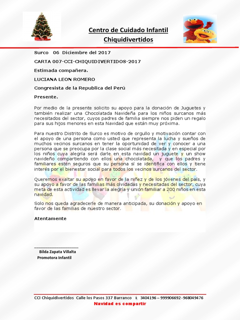 Carta de Donacion de Juguetes para Los Niños Surcanos  PDF