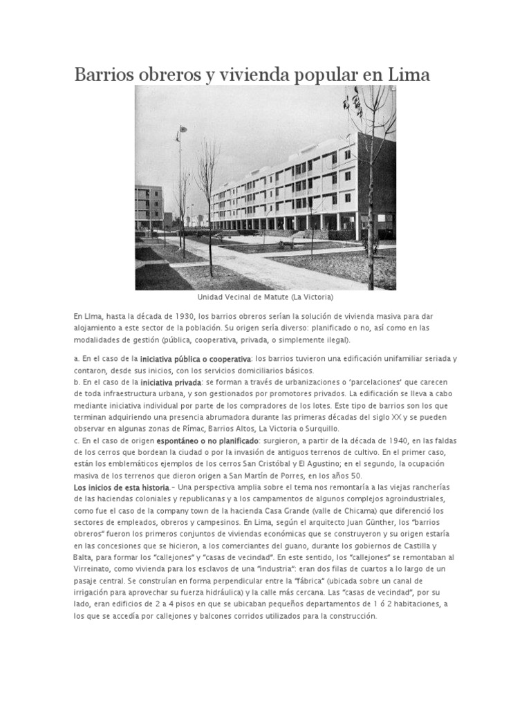 Barrios Obreros y Vivienda Popular en Lima | PDF | Lima | Perú