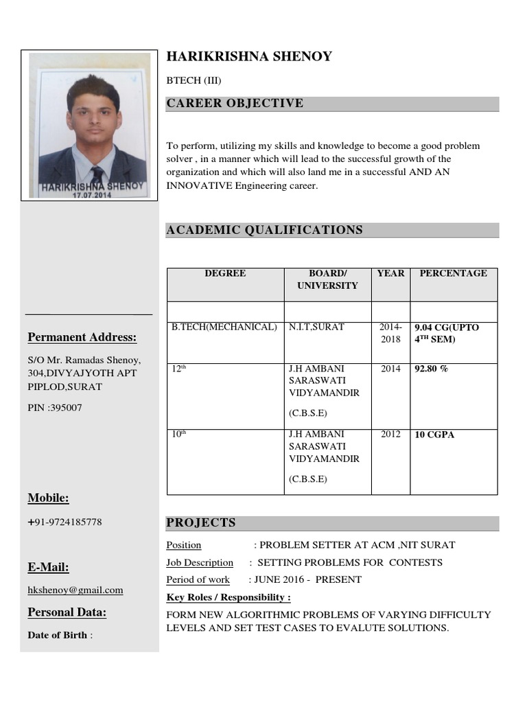 Harikrishna Shenoy Career Objective PDF Science And Technology
