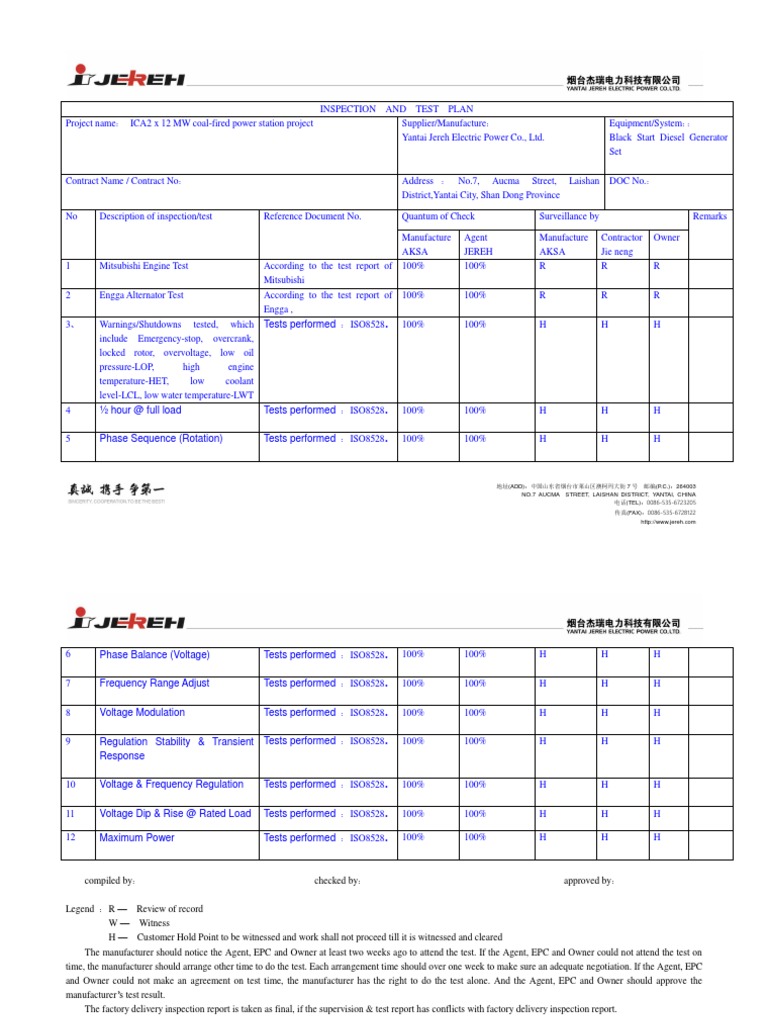 Inspection Plan for Diesel Generator | PDF | Electrical Engineering ...