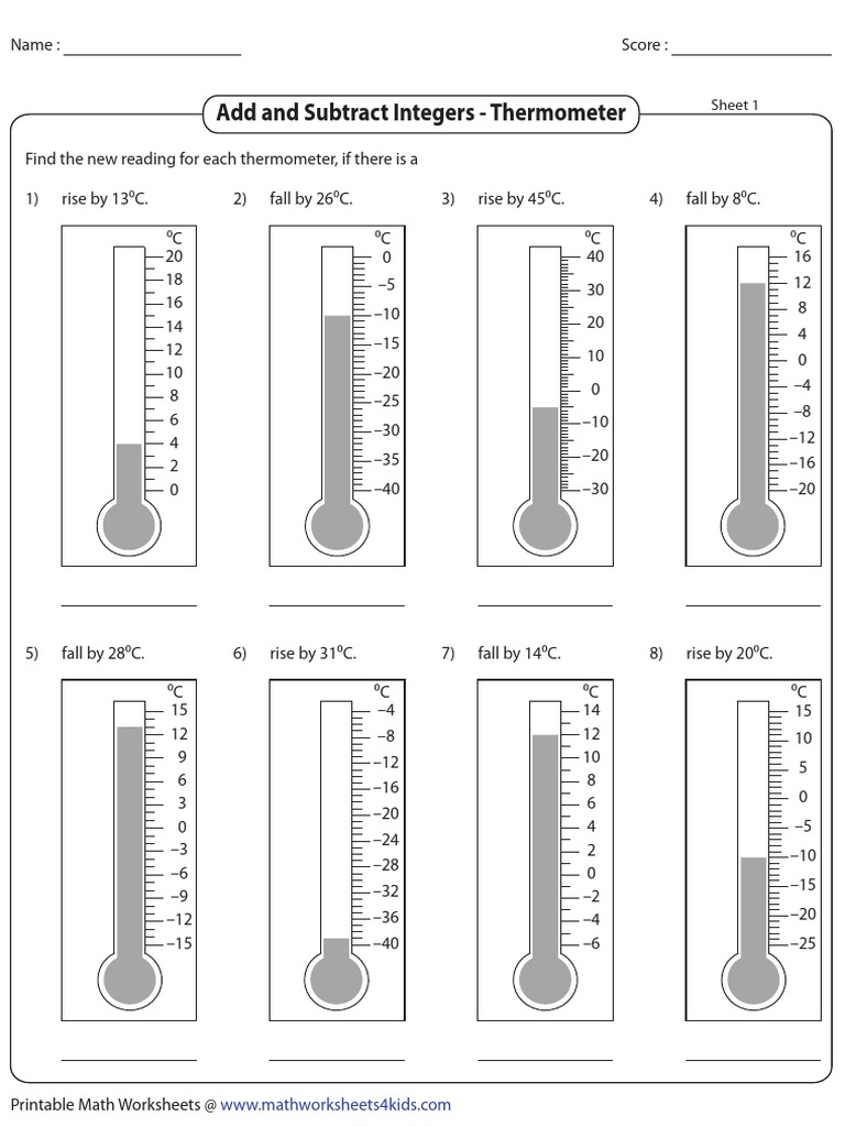 Add and Subtract Integers - Thermometer: Sheet 1 | PDF | Arithmetic ...