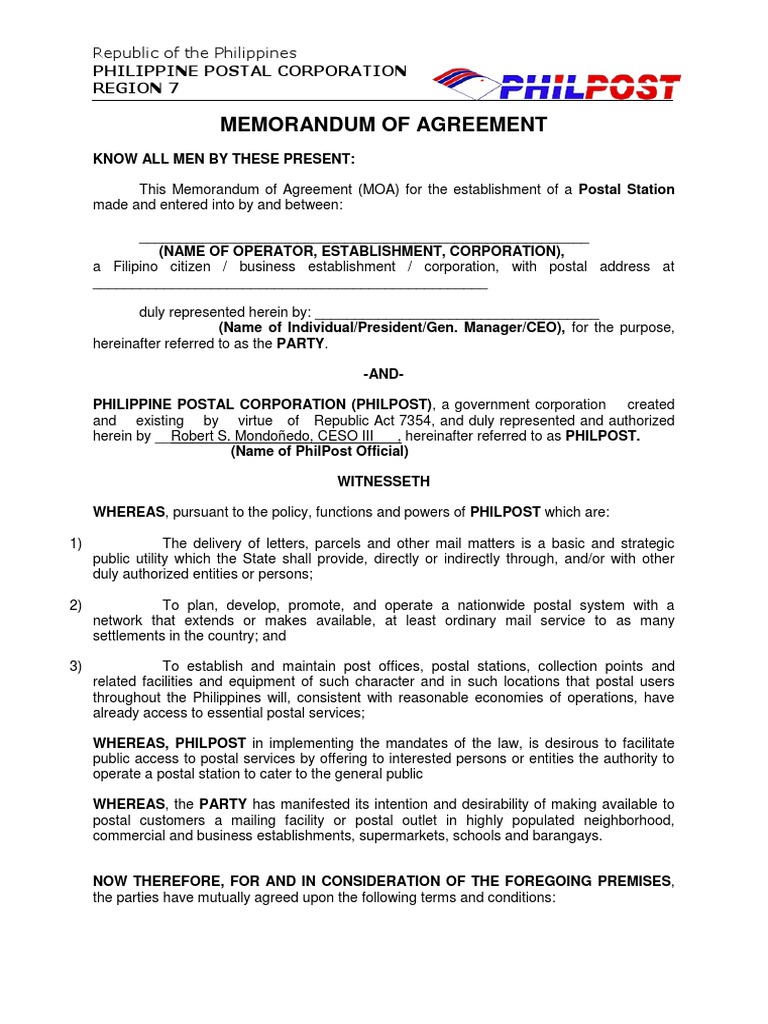 Postal Station Memorandum of Agreement | PDF | Mail | United States ...