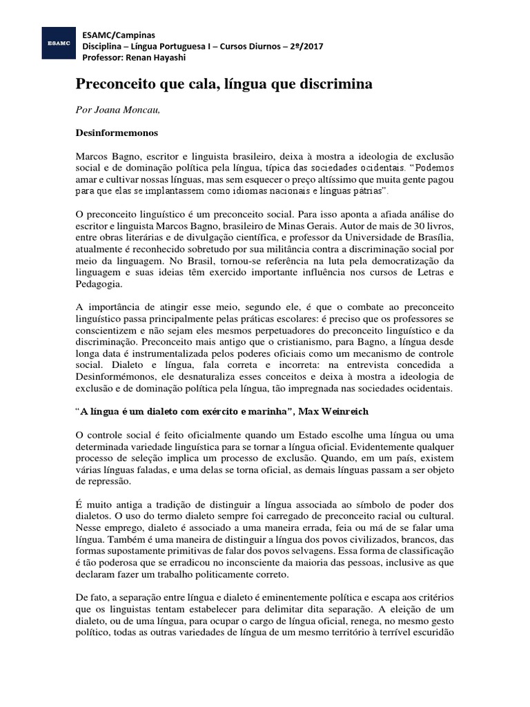 Texto 03 - Preconceito Linguístico | PDF | Linguagem natural ...