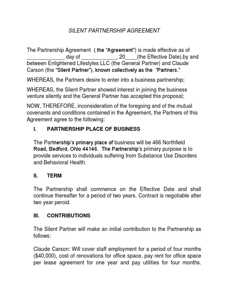 Silent Partnership Agreement PDF Partnership General Partnership